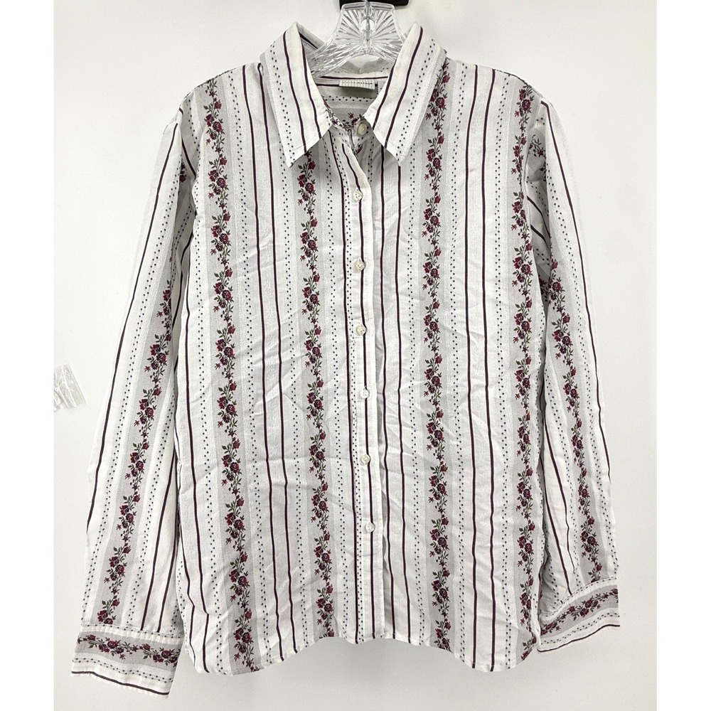 White Stag Womens XL White Floral Stripe Victorian Cottagecore Button Down Shirt